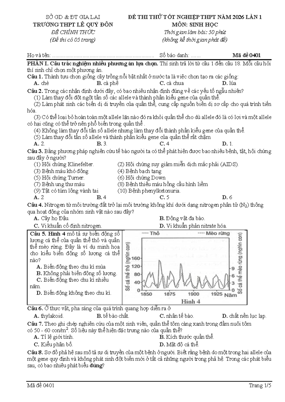 ĐỀ THI THỬ TỐT NGHIỆP THPT NĂM 2026 MÔN SINH HỌC - MÃ ĐỀ 0401 - Studocu