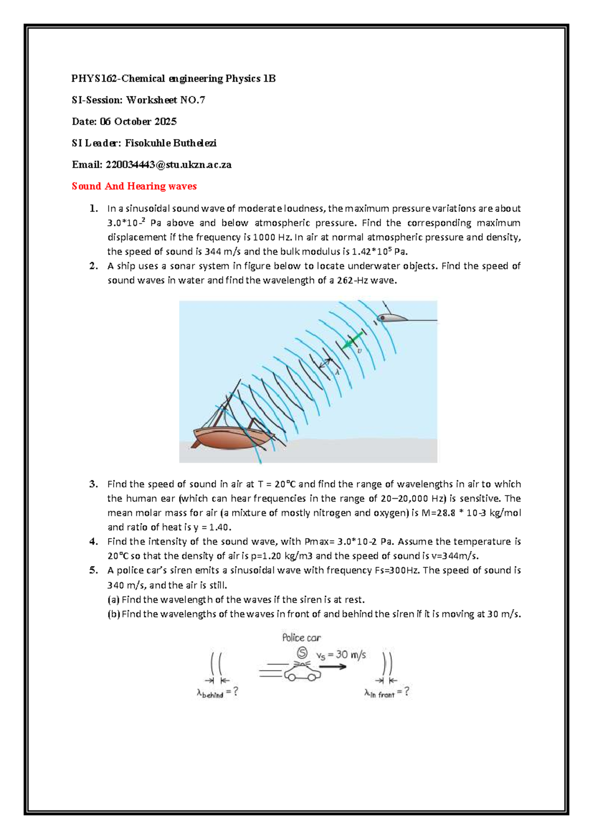 Engineering Physics 1B Worksheet No. 7: Sound & Hearing Waves - Studocu