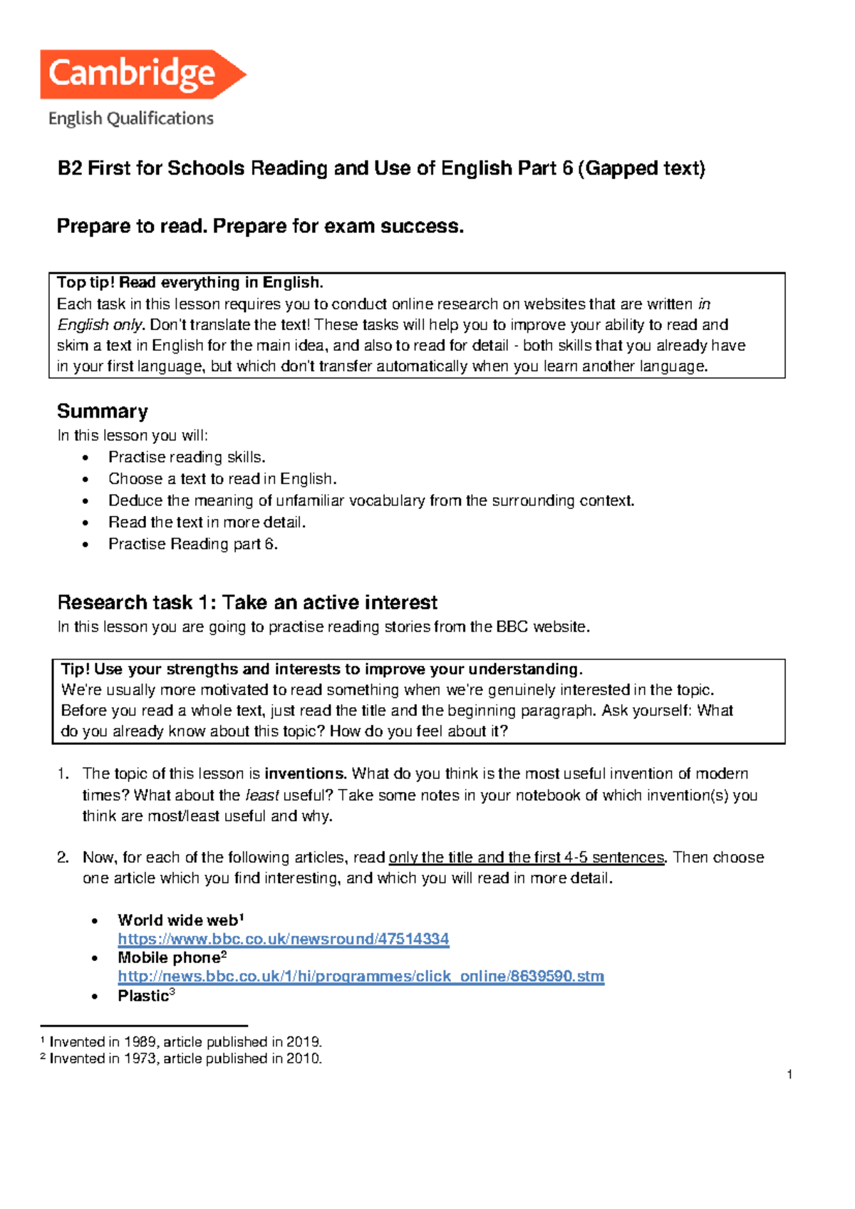 B2 First for Schools: Reading & Use of English Part 6 Strategies - Studocu
