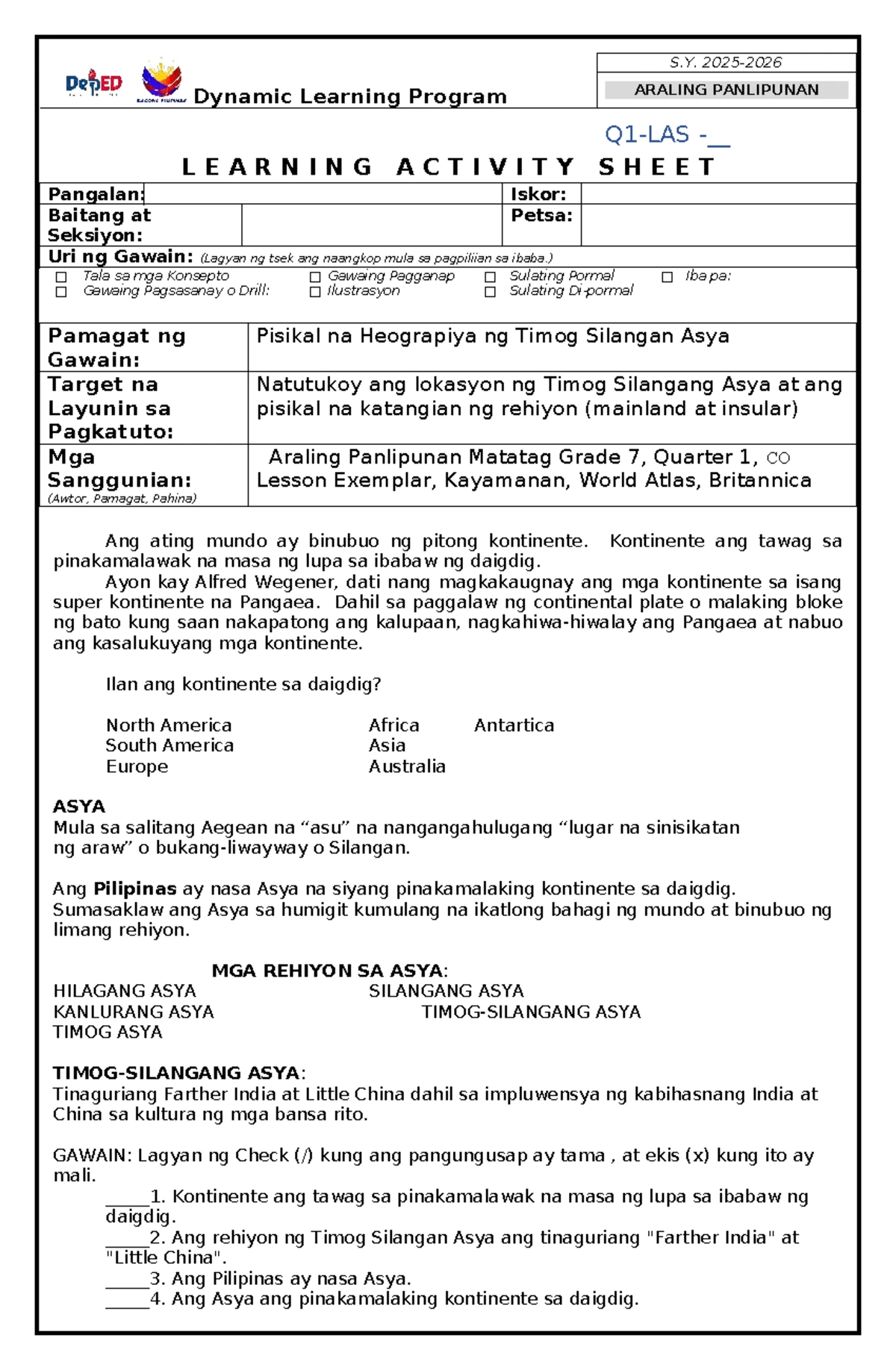 LAS DAY 3 - LEARNING ACTIVITY SHEETS ARALING PANLIPUNAN 7 - Studocu