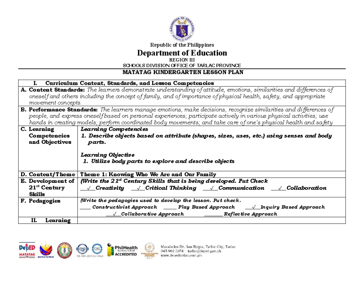 Matatag Kindergarten Lesson Plan (KINDERGARTEN 101) - Studocu
