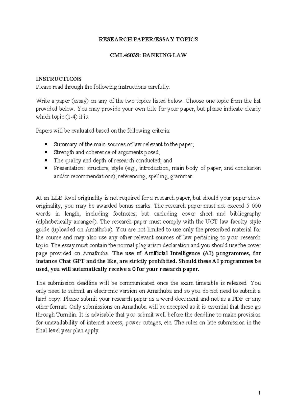Research Paper Topics for CML4603S: Banking Law - Studocu