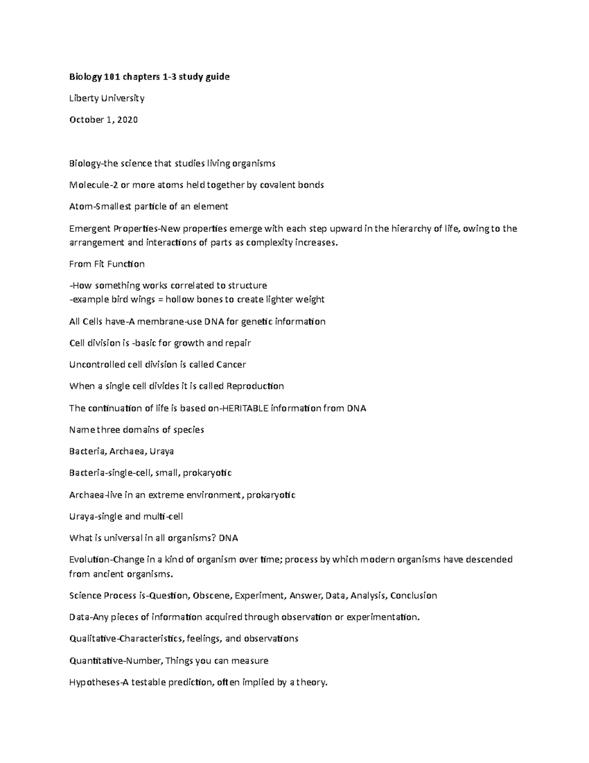 Biology 101 Midterm Study Notes: Chapters 1-3 Review - Studocu