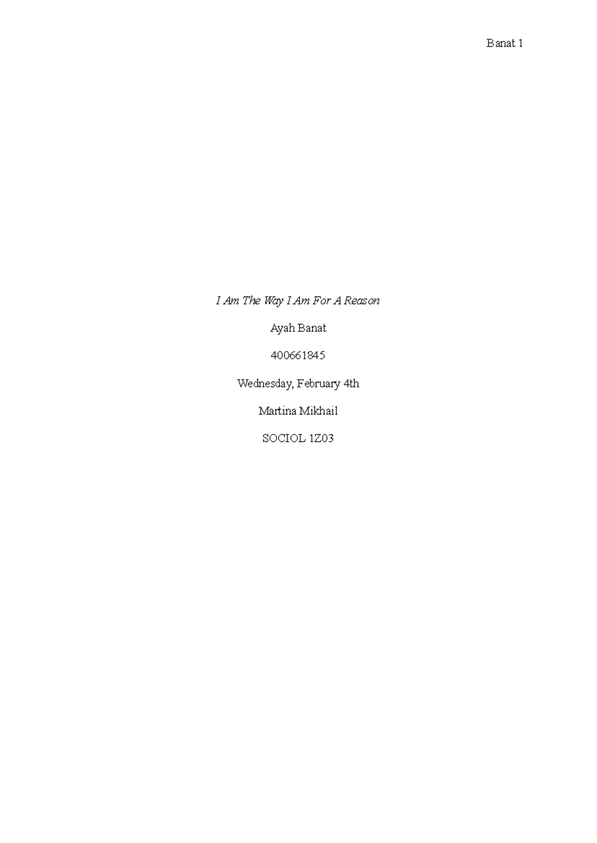 SOCIOL 1Z03 Assignment 1: Reflection on Identity and Influence - Studocu