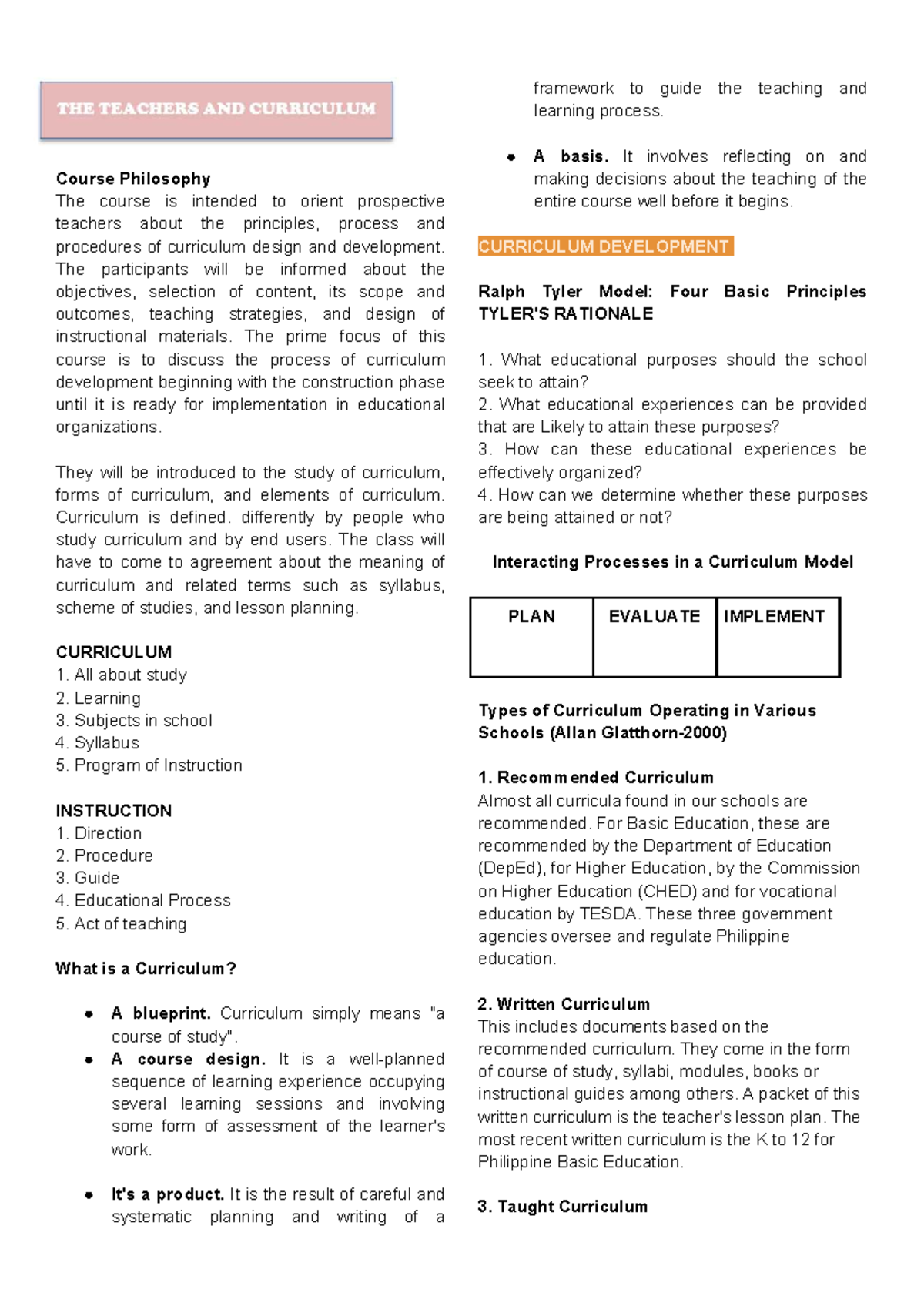 PHIL 101: Framework for Teaching & Learning in Curriculum Development ...