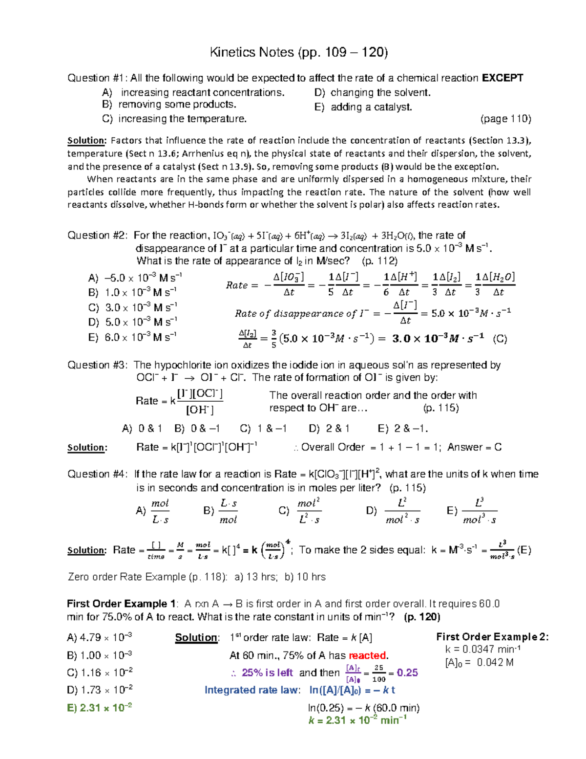 Kinetics Problems pp 109-120 - Kinetics Notes (pp. 109 – 1 20 ...