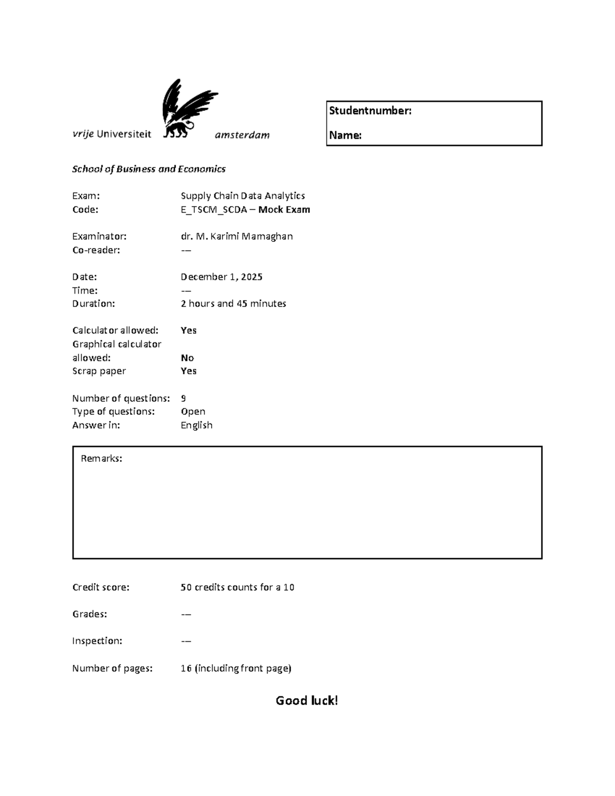 SCDA 2025 Mock Exam: Supply Chain Data Analytics Insights - Studeersnel