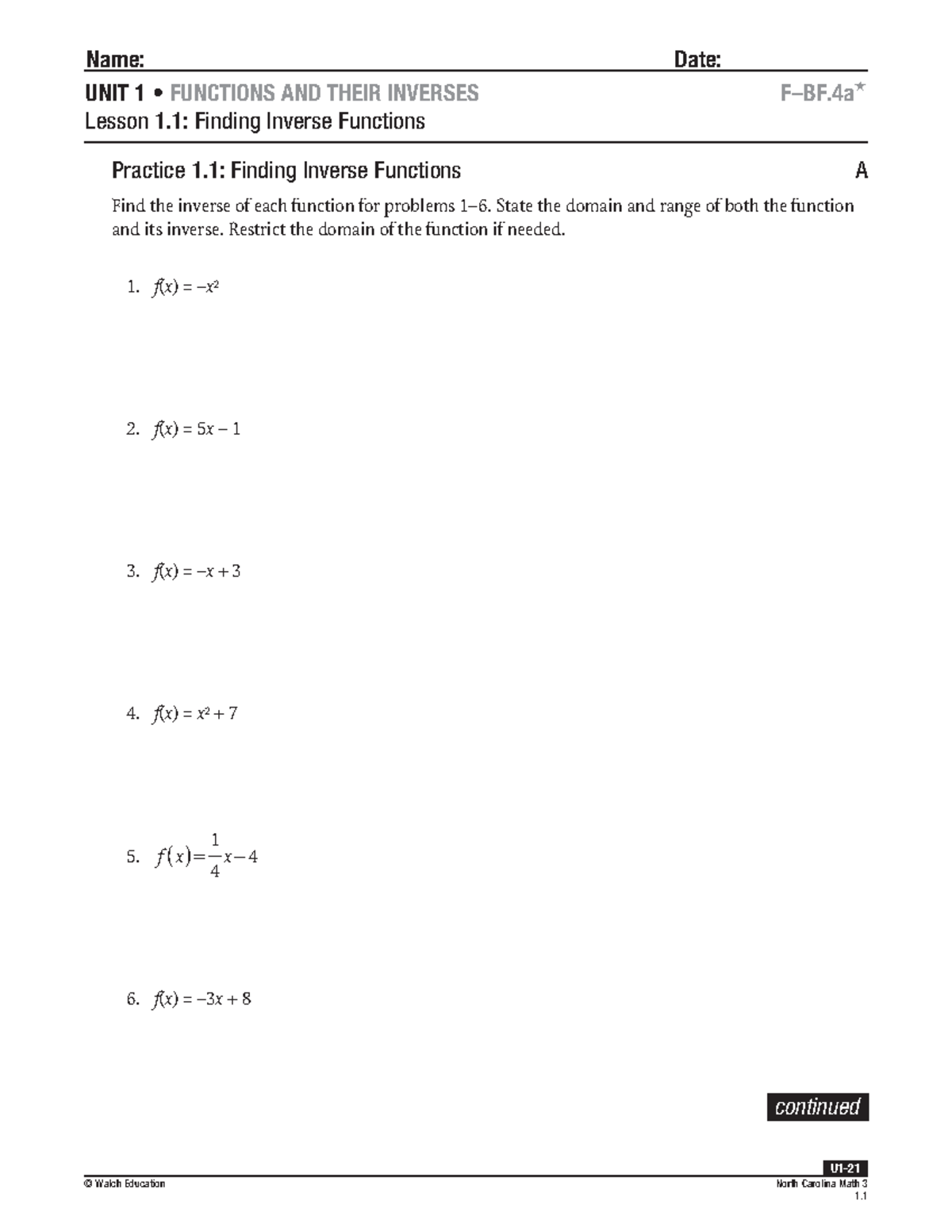 1 - Ahhaha - © Walch Education North Carolina Math 3U1- 1. Name: Date ...