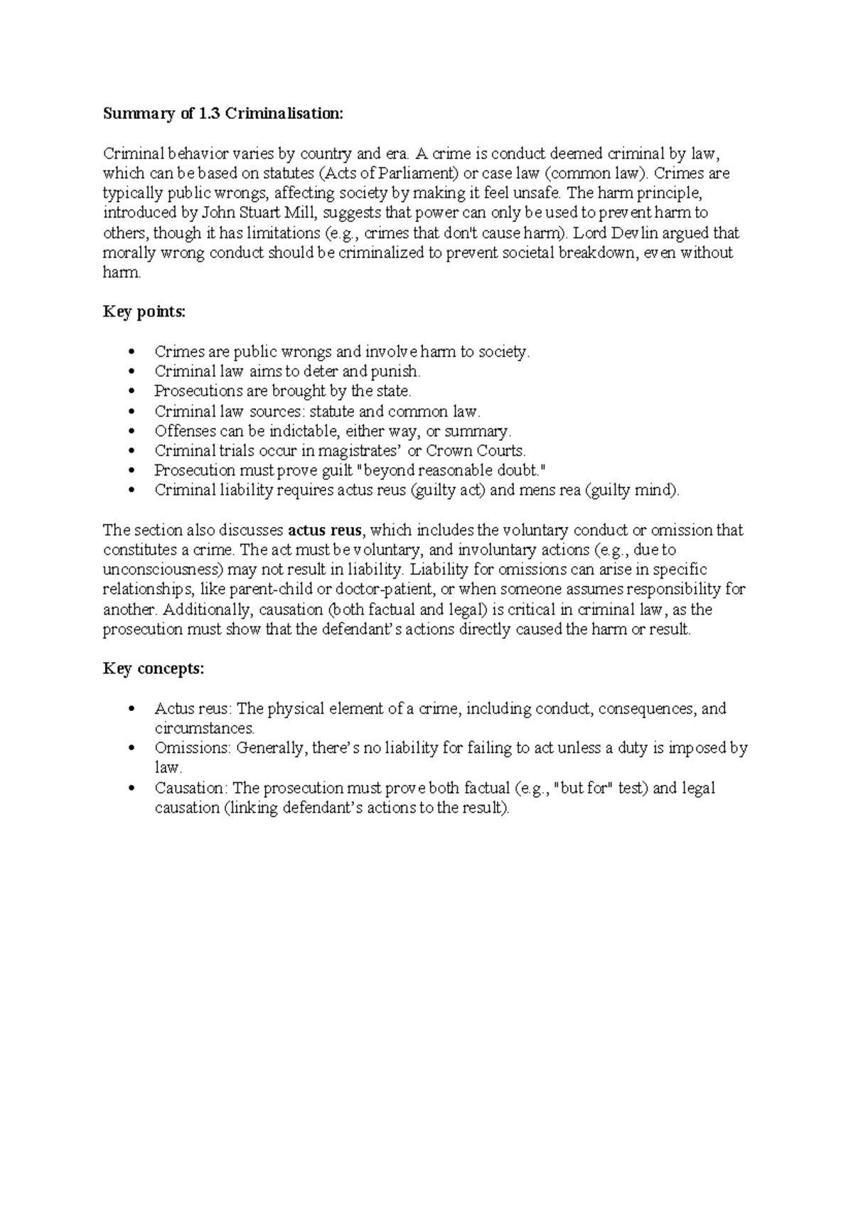 Criminalisation - Crime Notes - Summary of 1 Criminalisation: Criminal ...