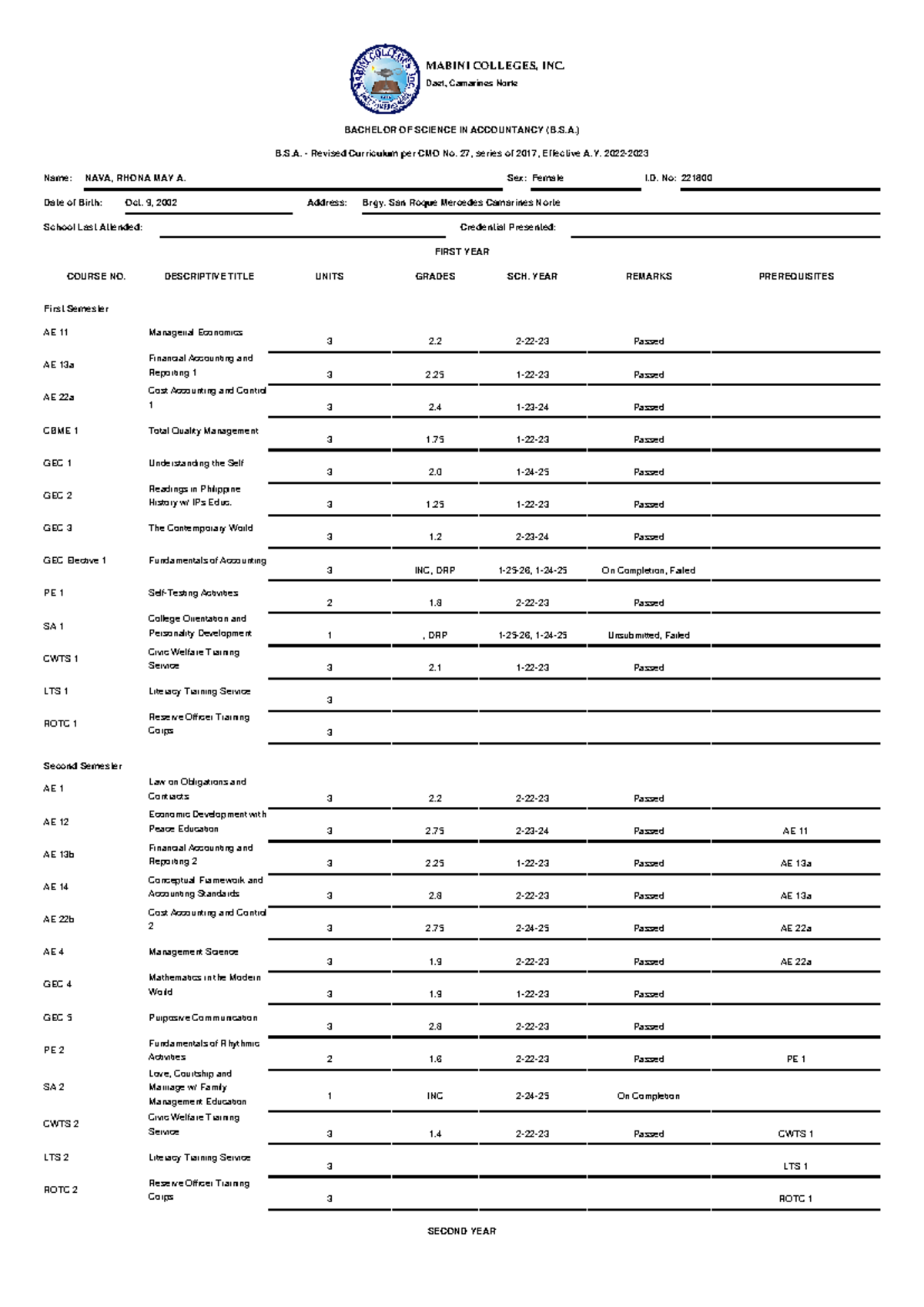 B.S.A. Curriculum Overview: Revised Program per CMO No. 27 - Studocu