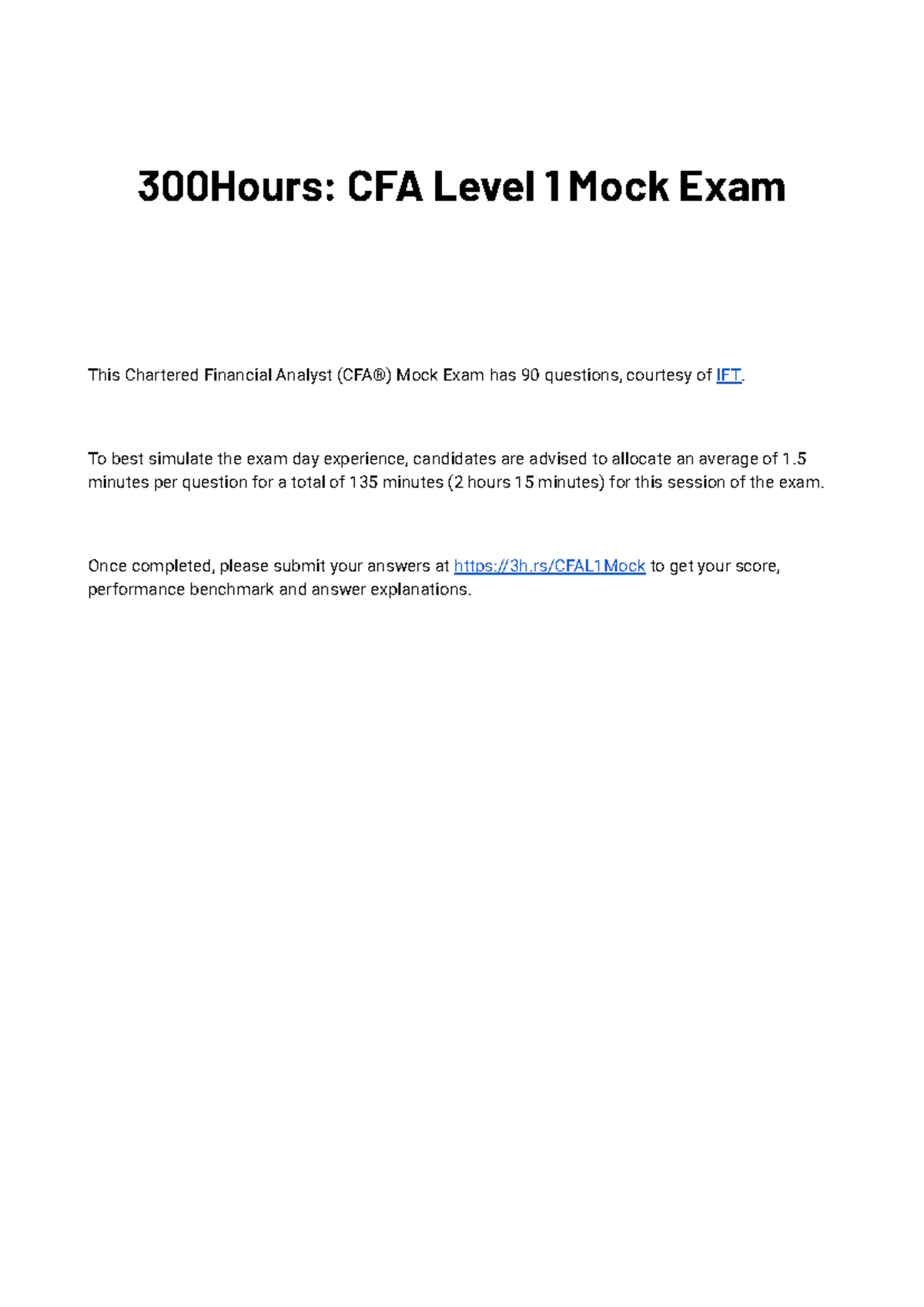 CFA Level 1 Mock Exam Questions & Solutions (300Hours) - Studocu