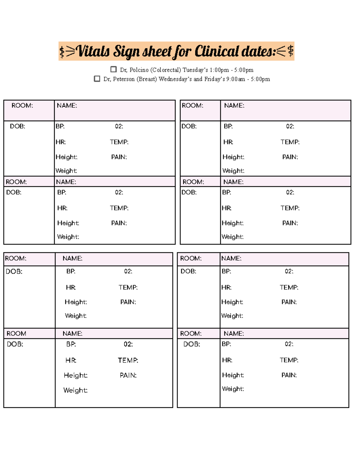 Vitals Sign Sheet for Clinical Appointments with Dr. Polcino & Dr ...