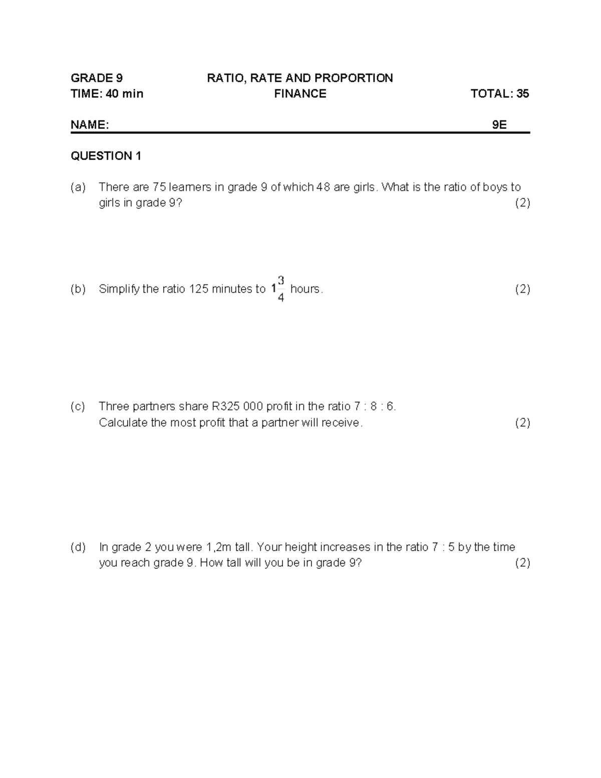Revision Worksheet Mathematics Grade 9: Patterns, Ratios & Average ...