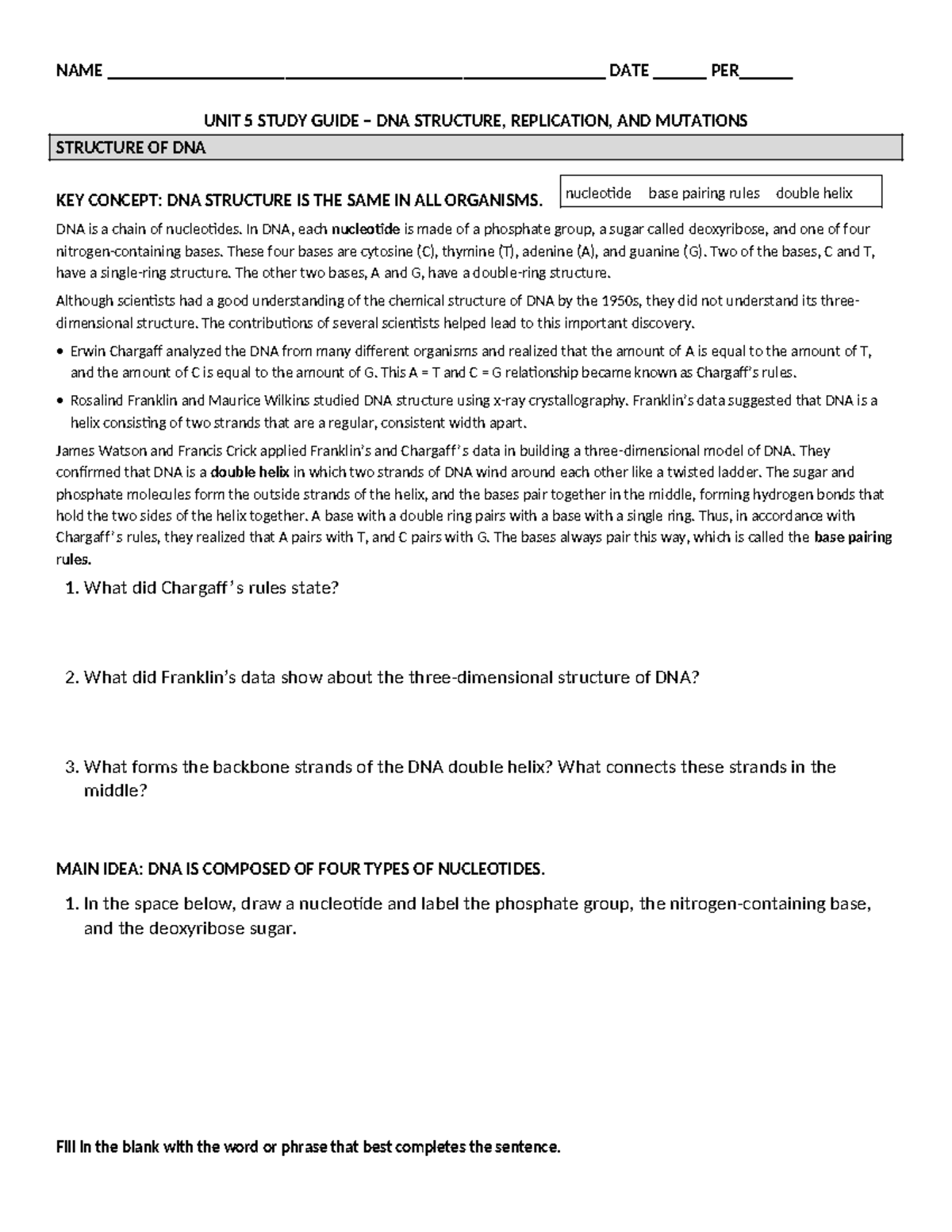 Unit 5 Study Guide - DNA Structure, Replication & Mutations Overview ...
