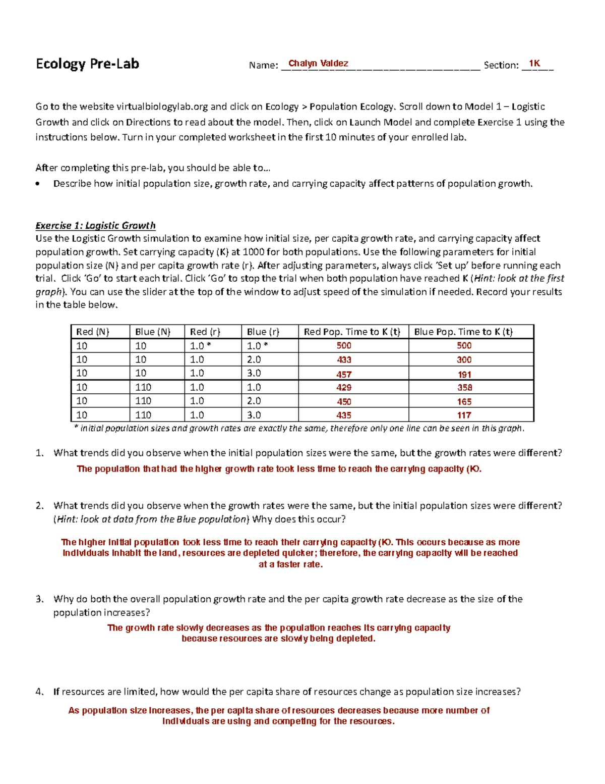 LS7B Ecology Pre Lab: Logistic Growth Simulation Worksheet - Studocu