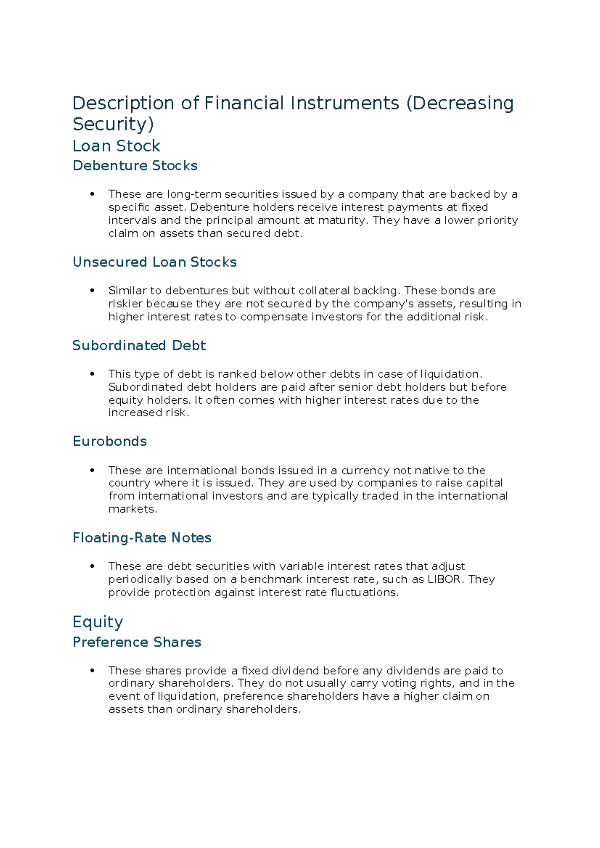 Overview of Financial Instruments for Investment Analysis - Studocu