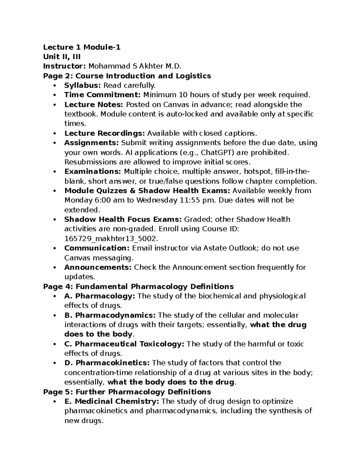 Lecture 1 Module II, III Notes: Pharmacology Overview and Key Concepts ...