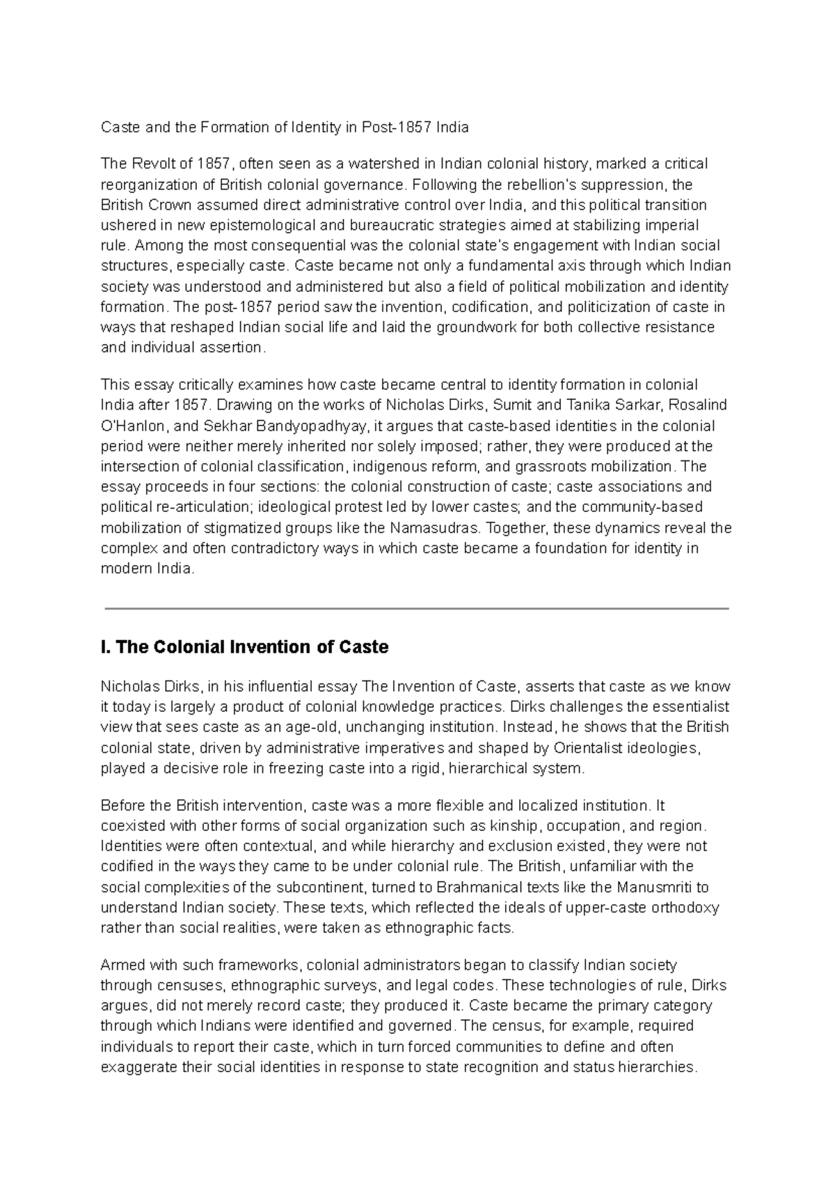 Caste and Identity Formation in Colonial India: Post-1857 Analysis ...