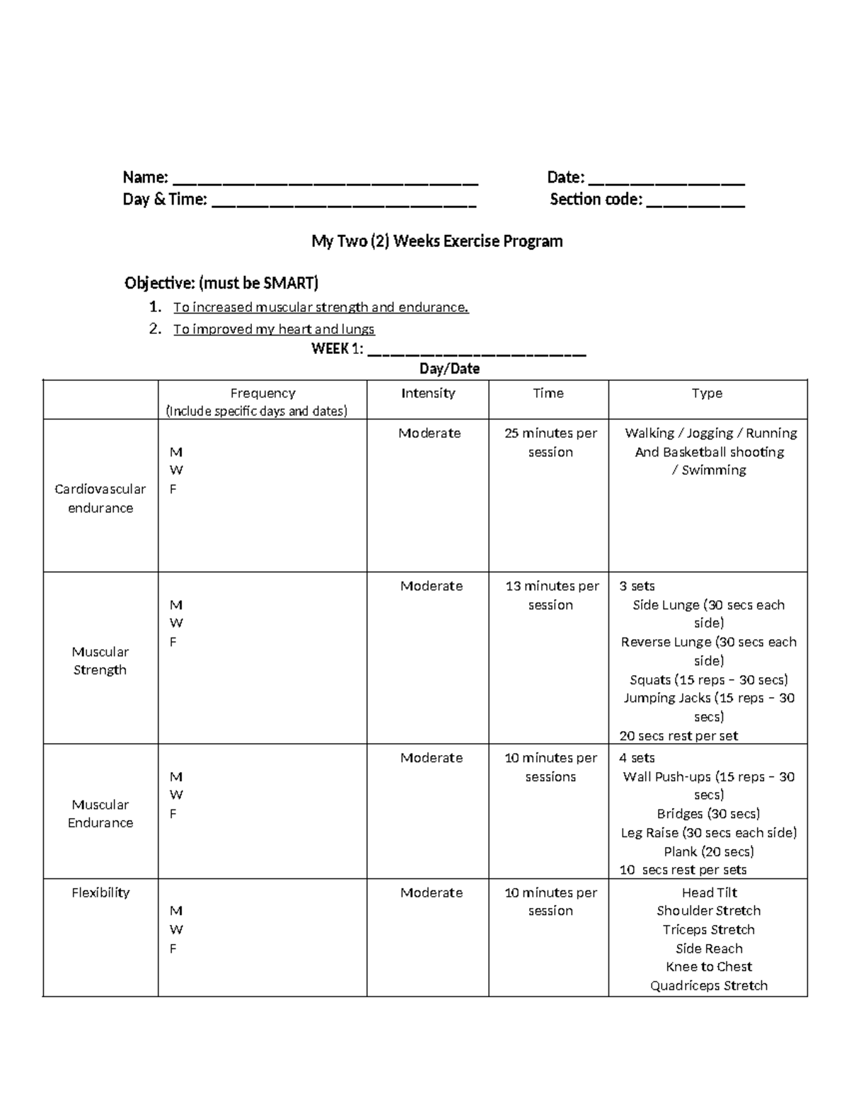 Midterm Exercise Program: 2-Week Fitness Plan - Studocu