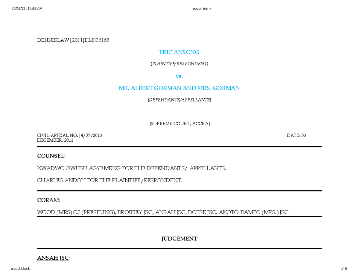 Ansong v. Gorman & Gorman: Appeal of Specific Performance - Accra SC ...