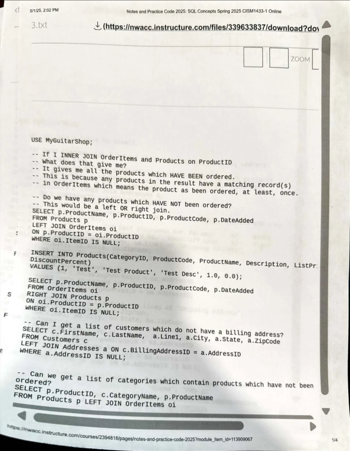 SQL Concepts Practice Notes and Queries - Code 2025 Spring 2025 - Studocu