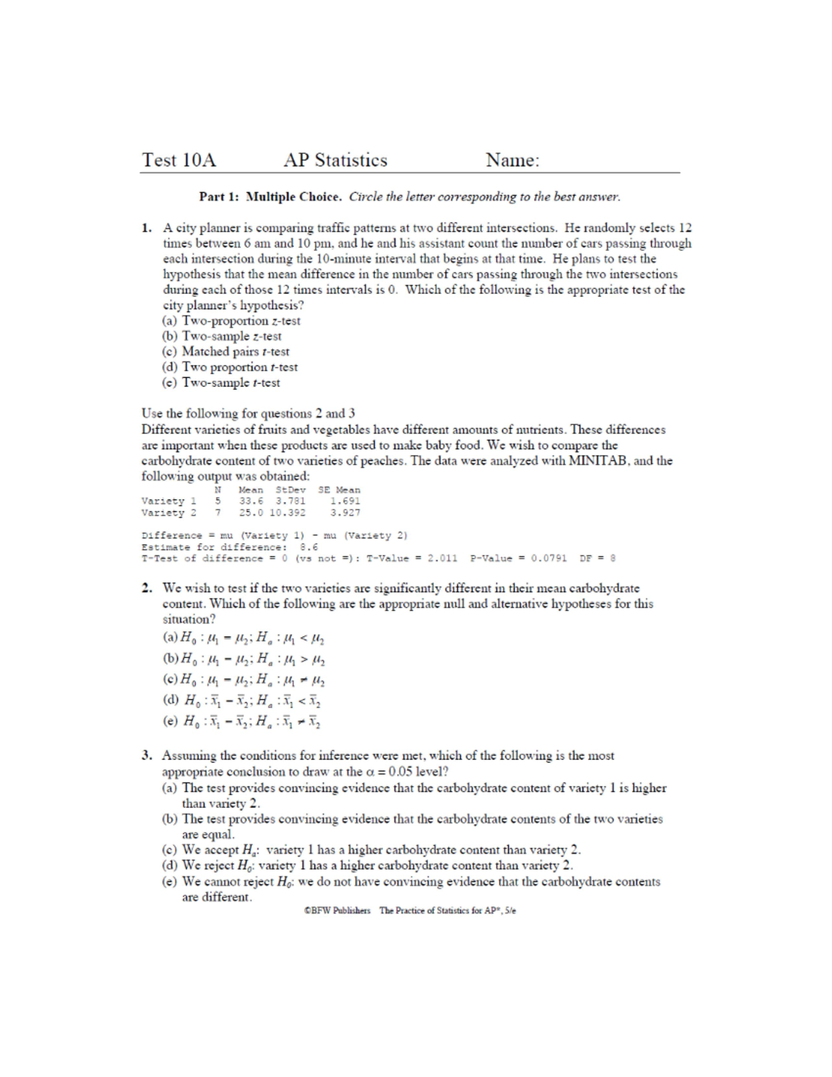 Chapter 10 Practice Test for AP Statistics - Multiple Choice & Free ...