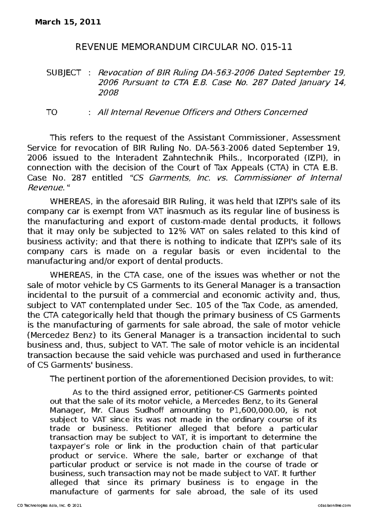 RMC 015-11: Revocation of BIR Ruling on VAT for Incidental Transactions ...