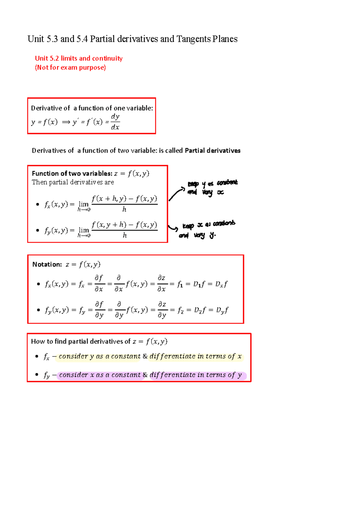 Unit 5.3 & 5.4: Partial Derivatives & Tangent Planes Pre 2 - Studocu