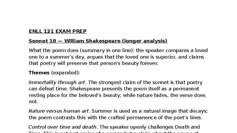 ENLL 121 EXAM PREP - Analysis of Key Poems and Themes - Studocu
