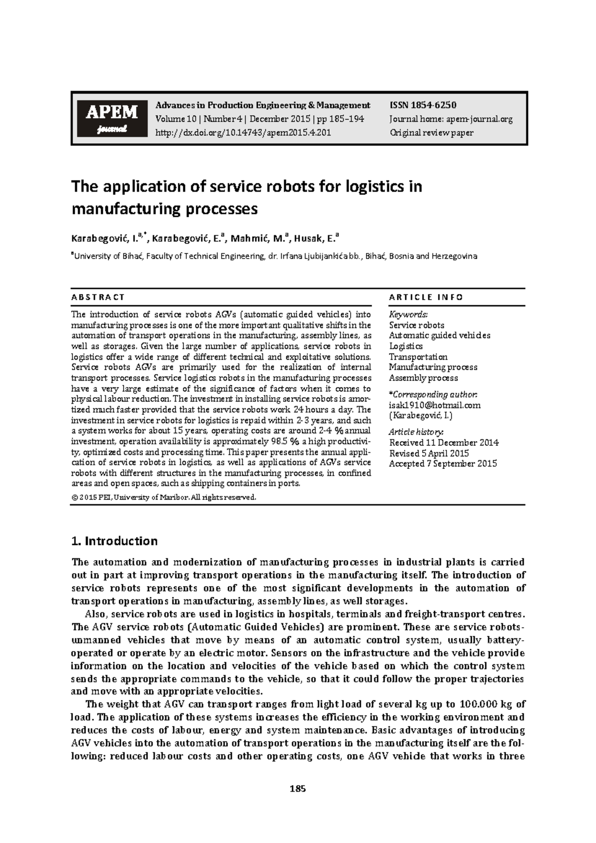 Application of Service Robots in Logistics for Manufacturing Processes ...