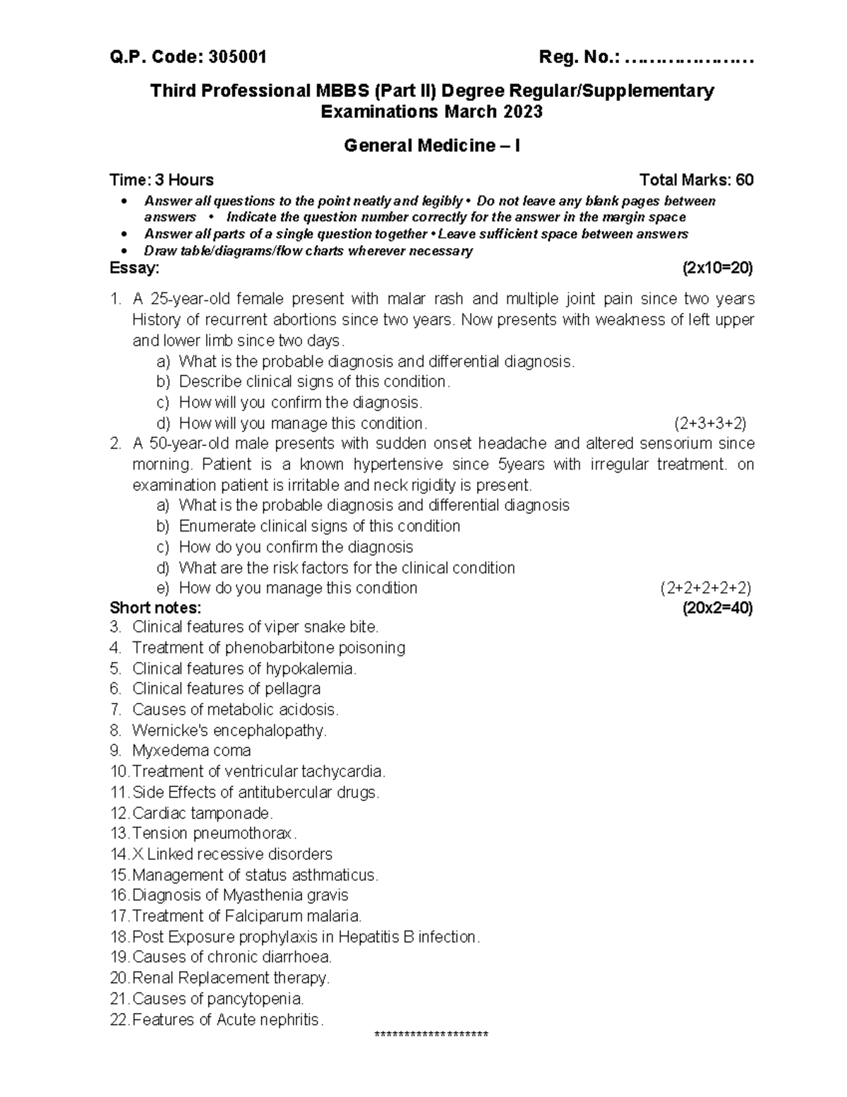 MBBS 305001 General Medicine I - March 2023 Exam Paper - Studocu