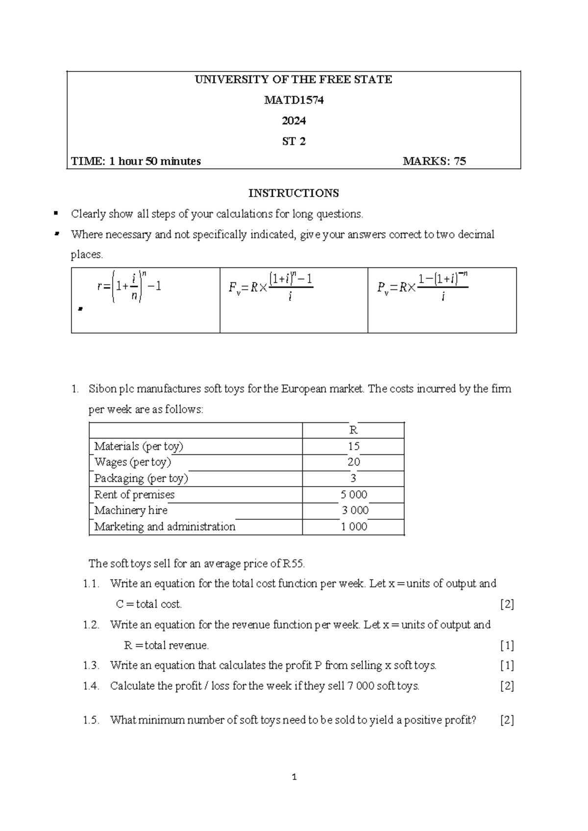 MATD1574 ST2 - Semester Test on Cost Functions and Economics - Studocu