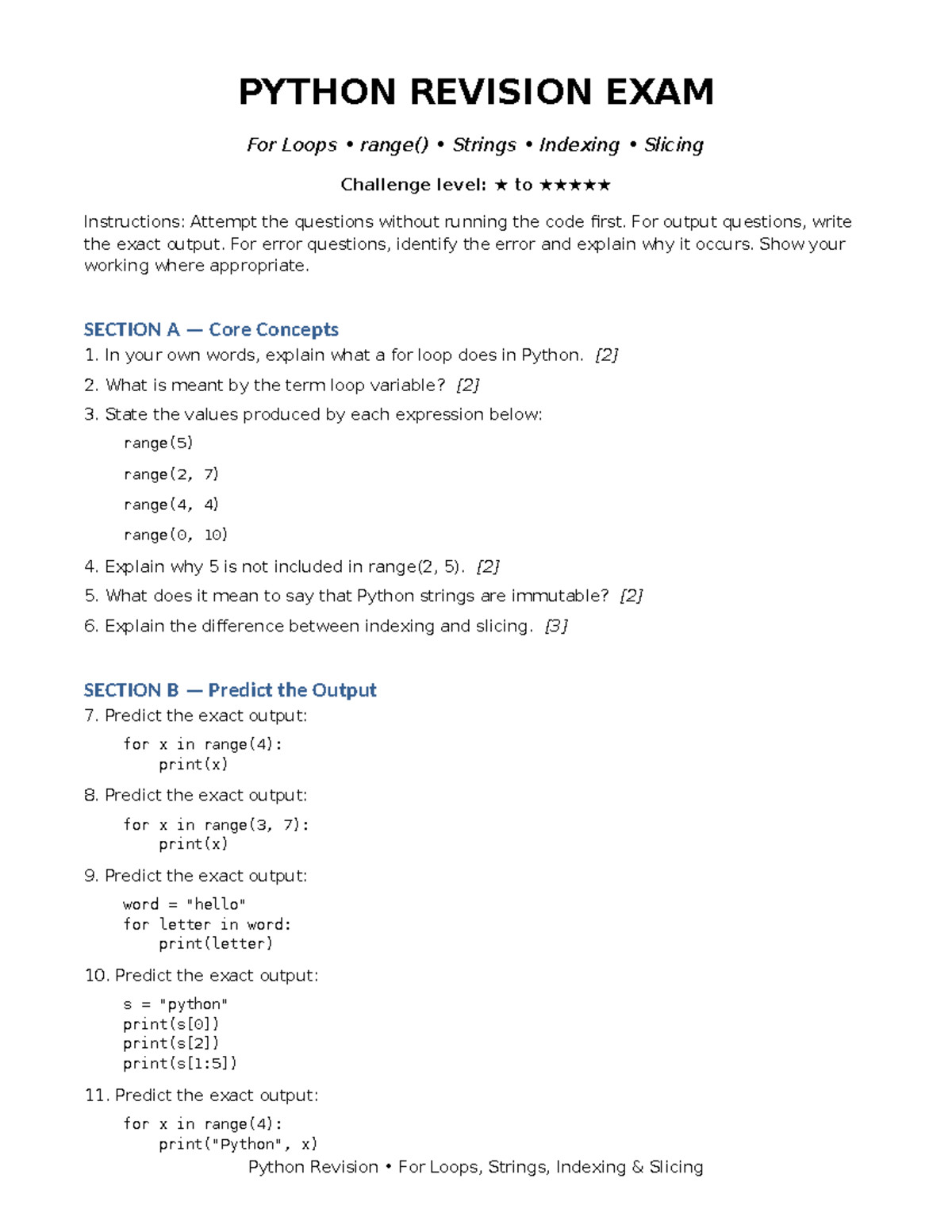 Python Revision Exam: For Loops, Strings, Indexing & Slicing - Studocu