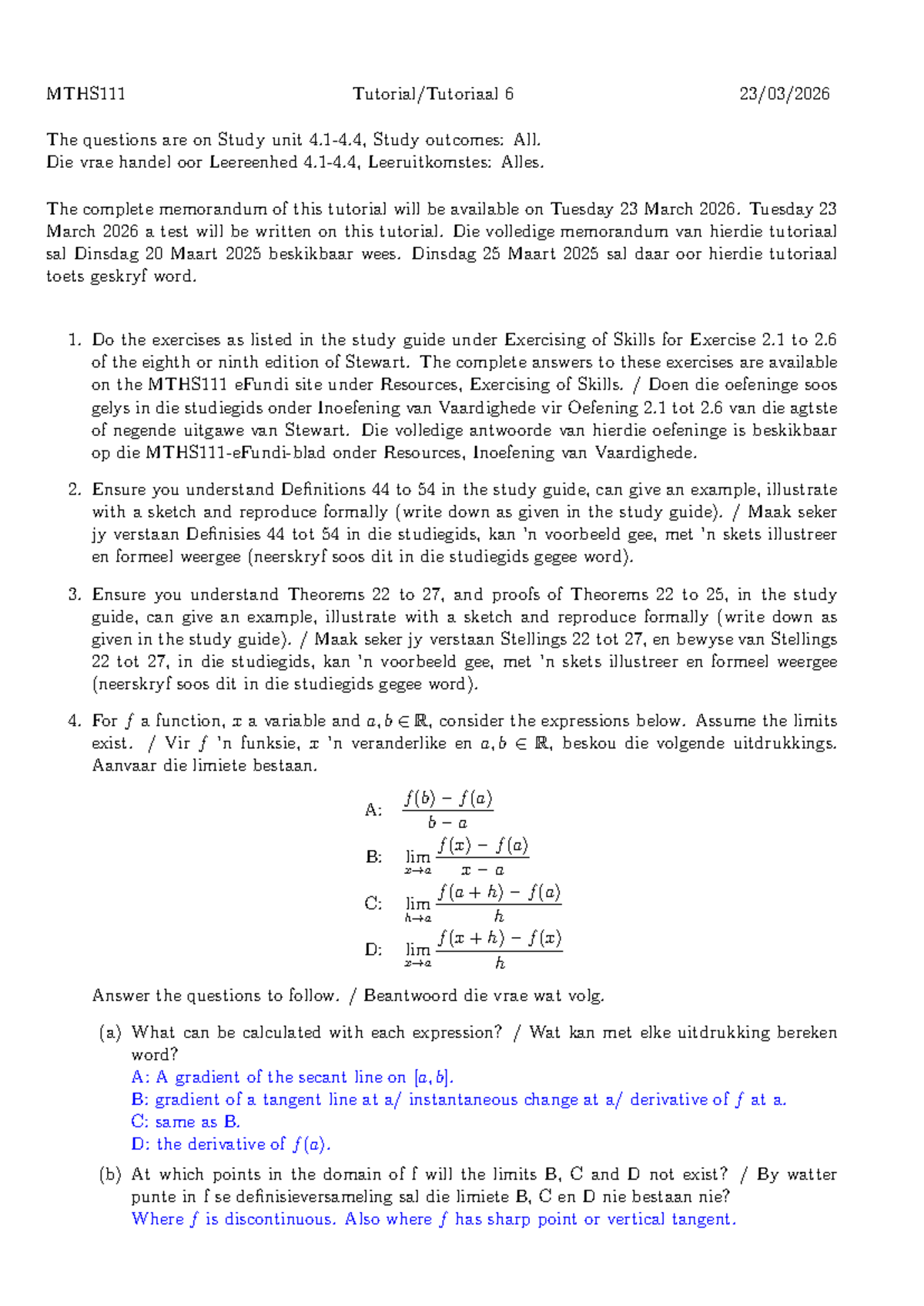 MTHS111 Tutorial 6 Solutions: Study Unit 4.1-4.4 Overview - Studocu