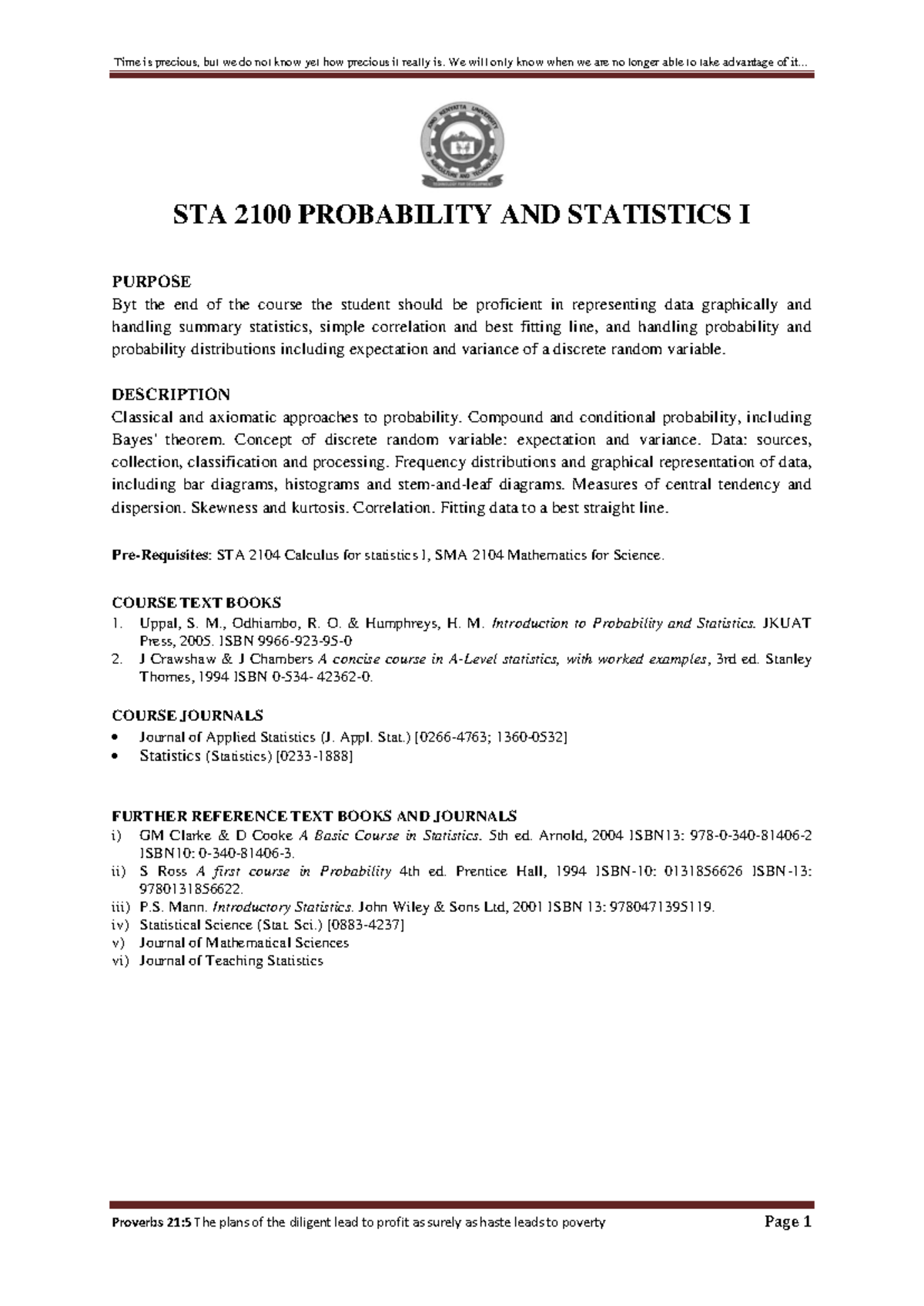 STA 2100 Probability and Statistics I: Data Representation & Sampling ...