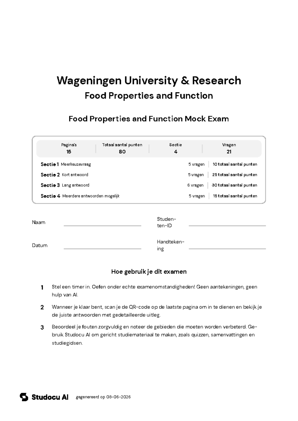 Food Properties and Function Mock Exam - Studeersnel