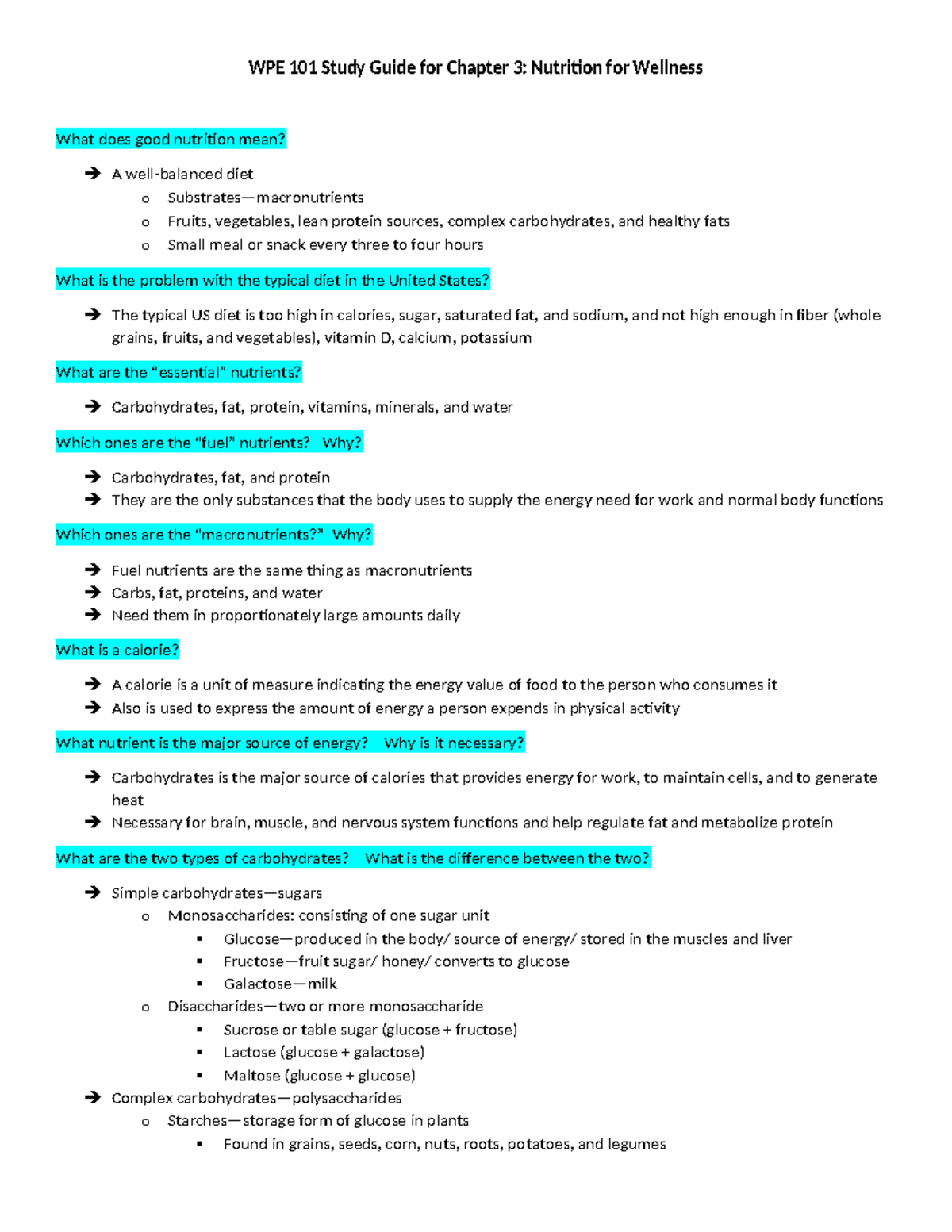 WPE 101 Final Exam Study Guide: Nutrition for Wellness & Health - Studocu
