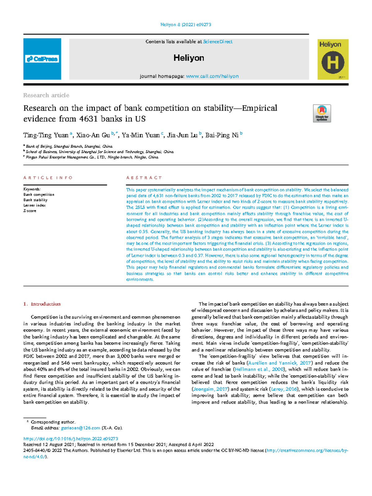 Impact of Bank Competition on Stability: Evidence from 4631 US Banks ...