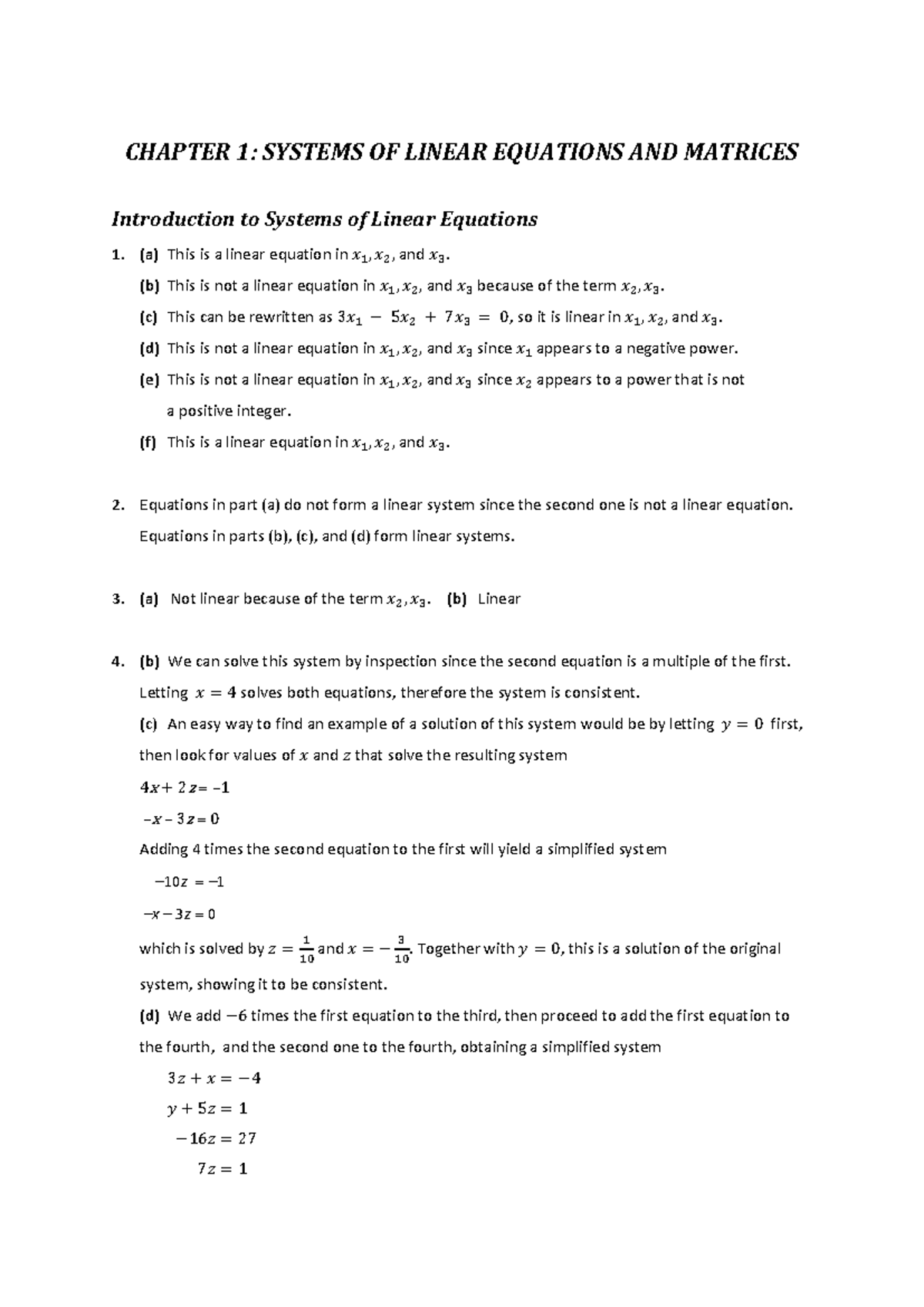 Solution chapter 1 - Linear algebra - Introduction to Systems of Linear ...