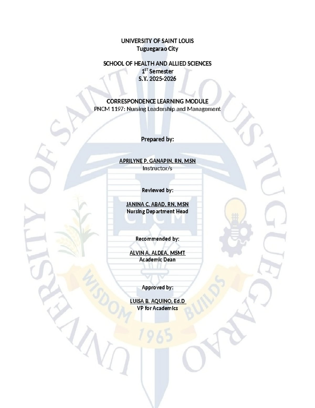 PNCM 1197: Nursing Leadership & Management Midterm Module 10 - Studocu