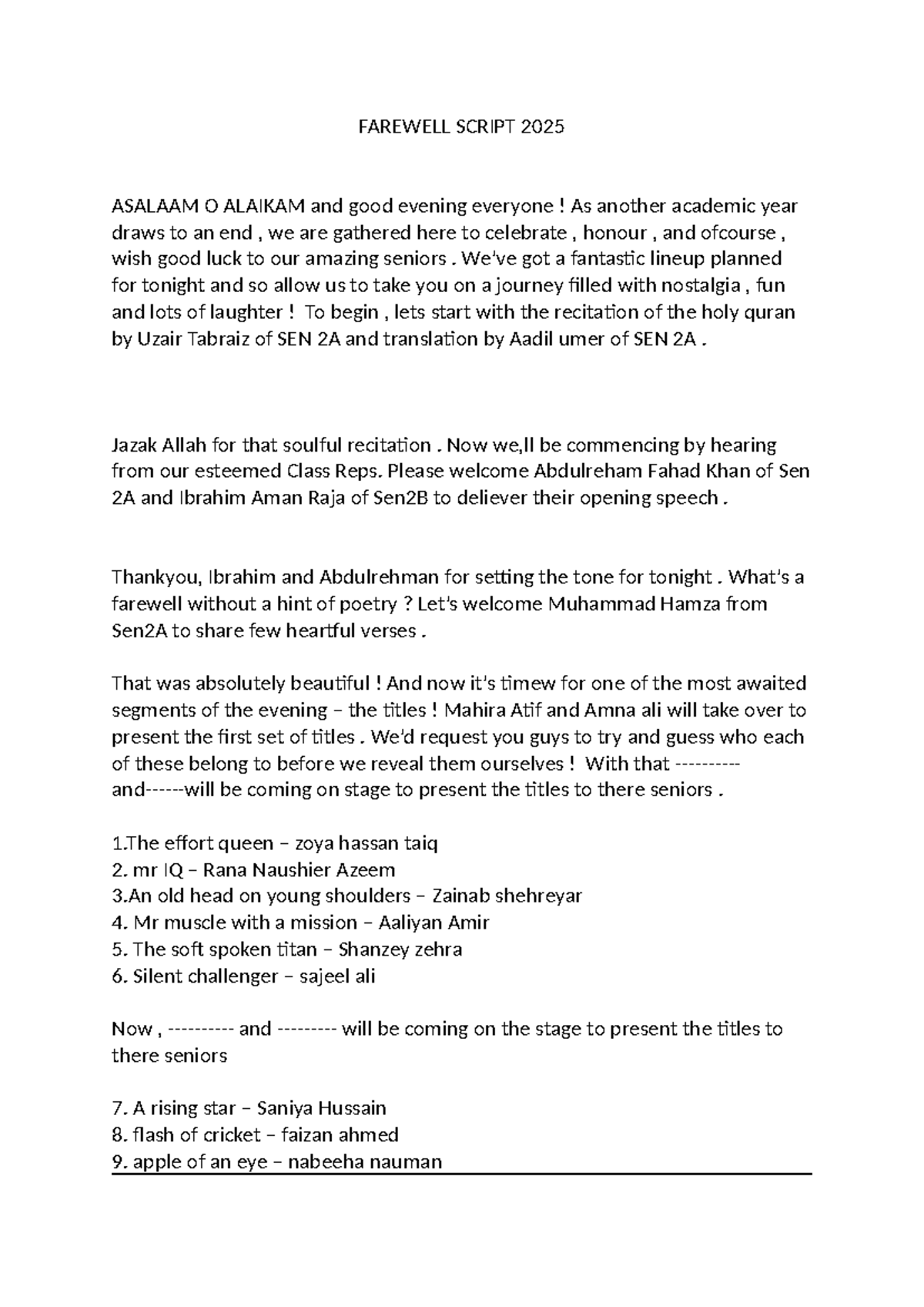 Farewell Script 2025: Celebrating Our Seniors - Document 7 (Islamiyat ...