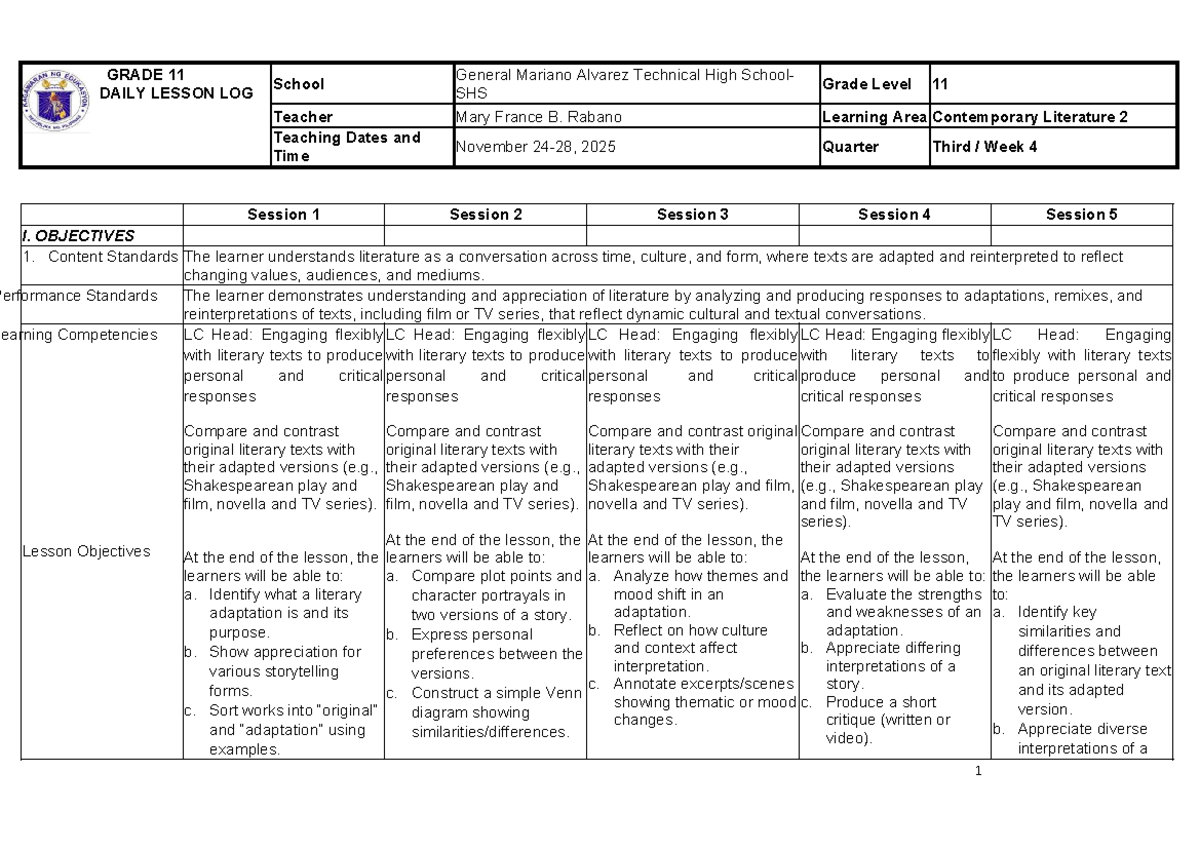CL2-DLL-Q1W4: Grade 11 Contemporary Literature Daily Lesson Log - Studocu