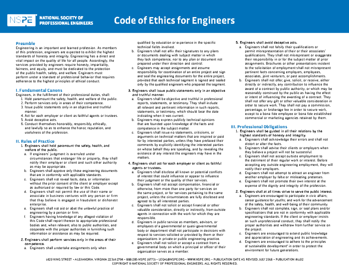 Nspecodeof Ethicsfor Engineers - Code of Ethics for Engineers Preamble ...