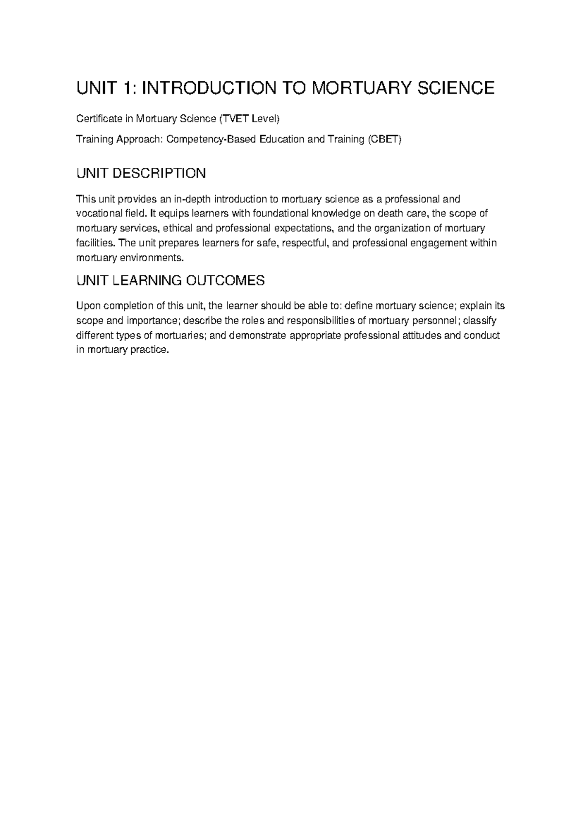 Unit 1: Comprehensive Intro to Mortuary Science (TVET) - Studocu