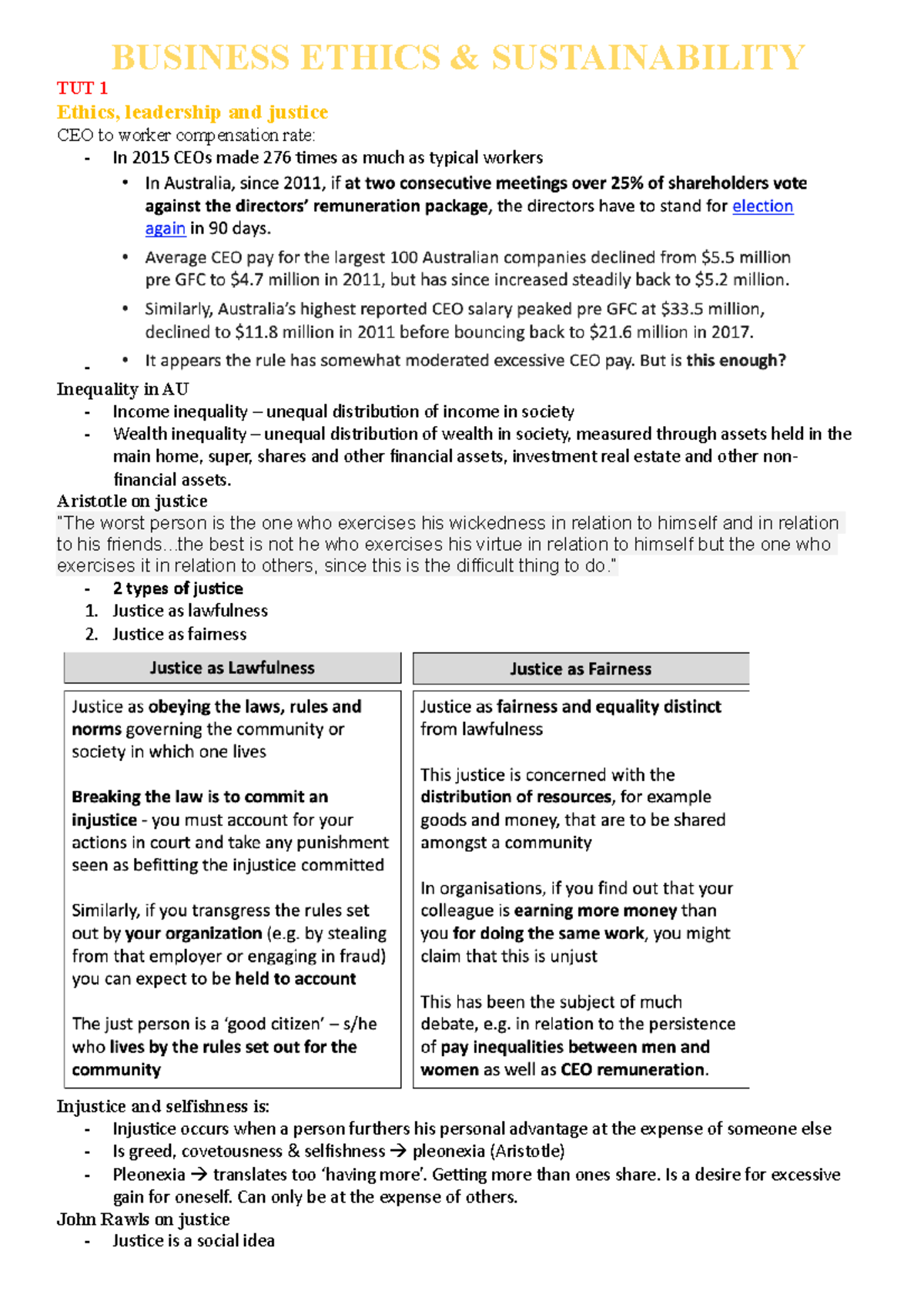 Notes - BUSINESS ETHICS & SUSTAINABILITY TUT 1 Ethics, leadership and ...