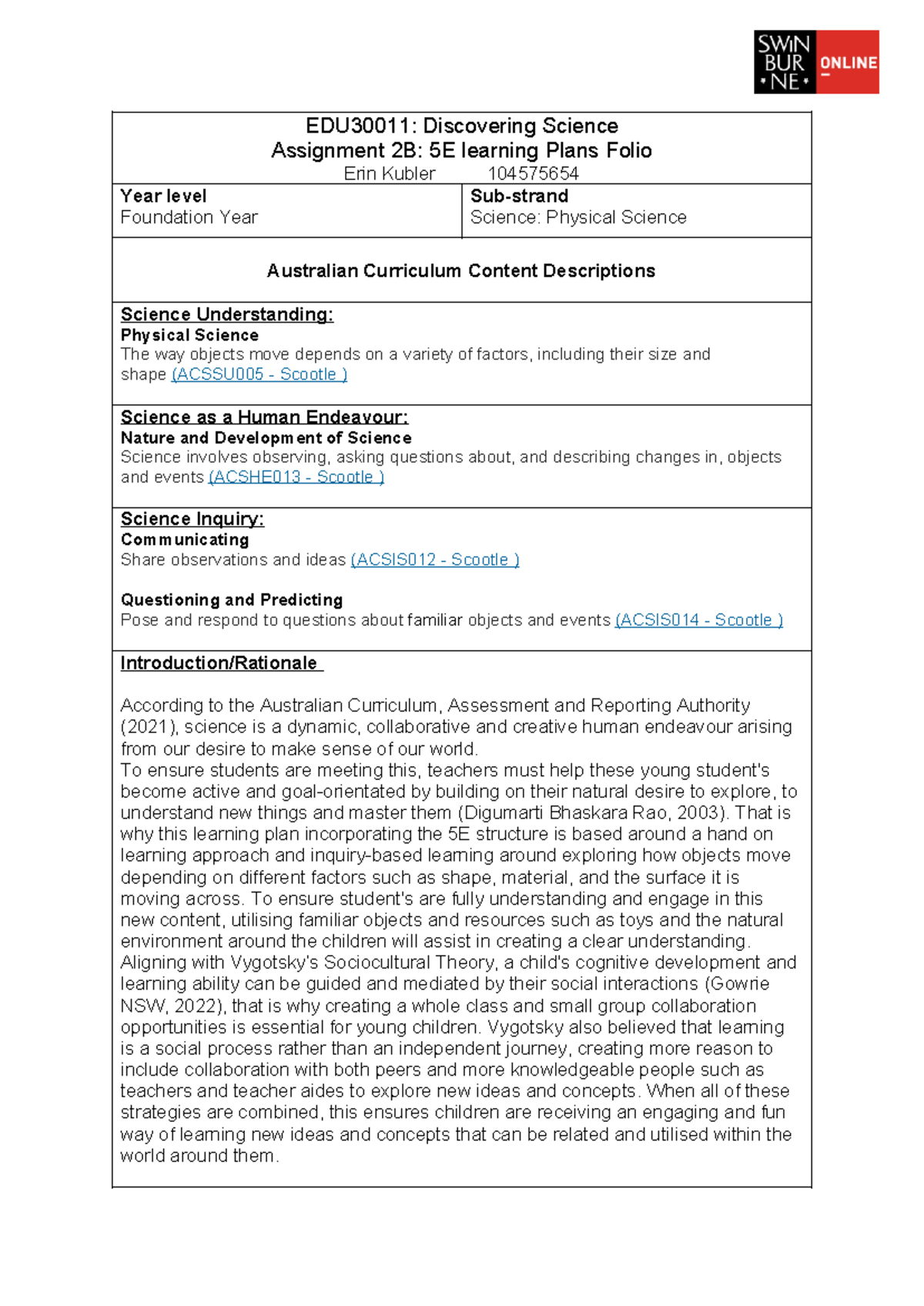 EDU30011 A2B: 5E Learning Plans Folio on Physical Science for ...