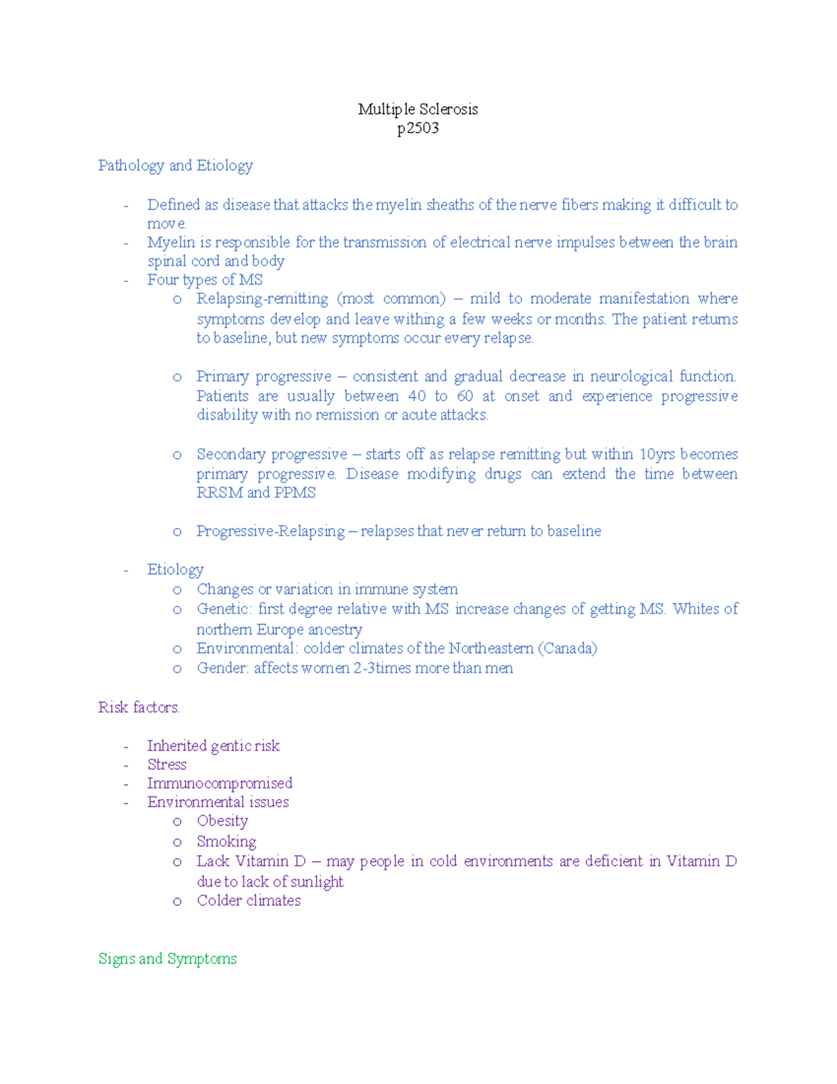 Multiple Sclerosis (MS) - Pathology, Symptoms & Treatments Notes - Studocu