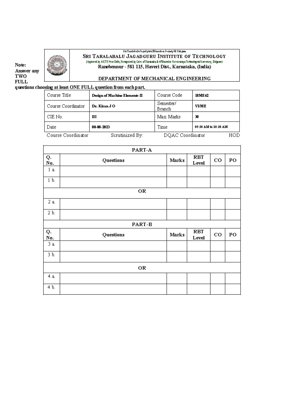 Design of Machine IA Question Paper 18ME62 - July 2023 - Studocu