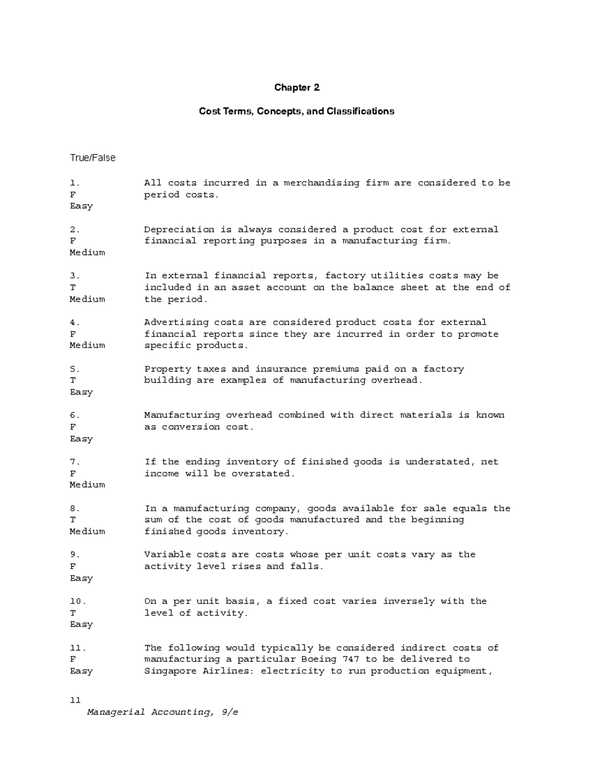 Test Bank - Chapter 2: Cost Concepts and Classifications - Studocu