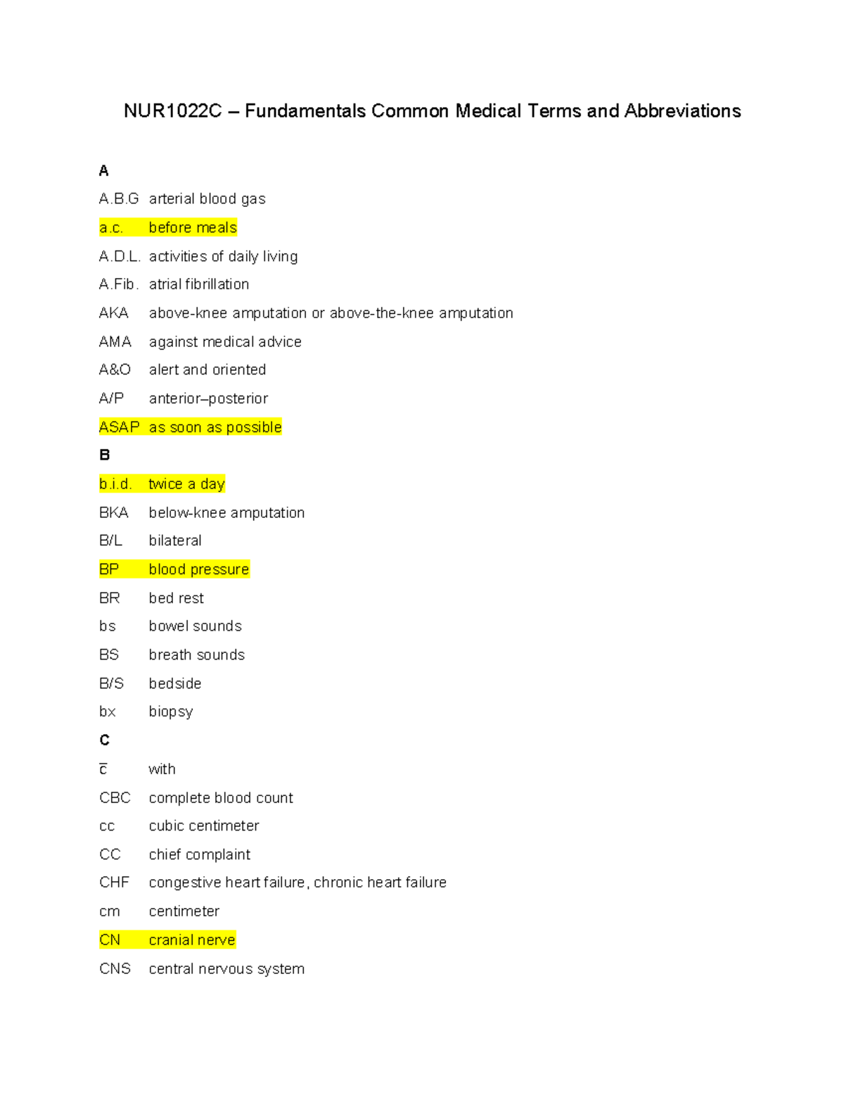 NUR1022C Final Exam Study Guide: Common Medical Terms & Abbreviations ...